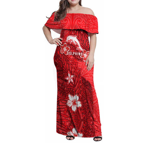 Personalised Dolphins Family Matching Off Shoulder Maxi Dress and Hawaiian Shirt Polynesian Tribal Pattern With Rugby Dolphin Mascot Art