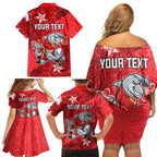 Personalised Dolphins Family Matching Off Shoulder Short Dress and Hawaiian Shirt Polynesian Tribal Pattern With Rugby Dolphin Mascot Art
