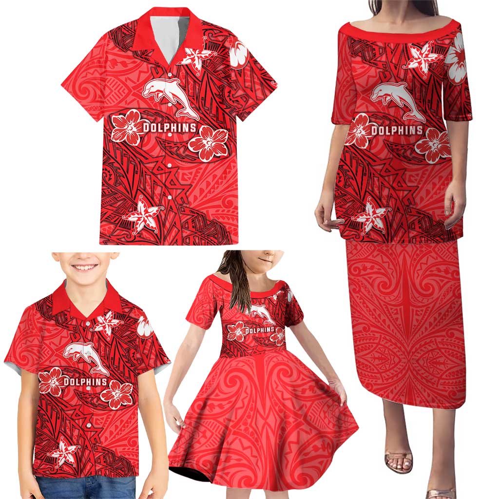 Personalised Dolphins Family Matching Puletasi and Hawaiian Shirt Polynesian Tribal Pattern With Rugby Dolphin Mascot Art