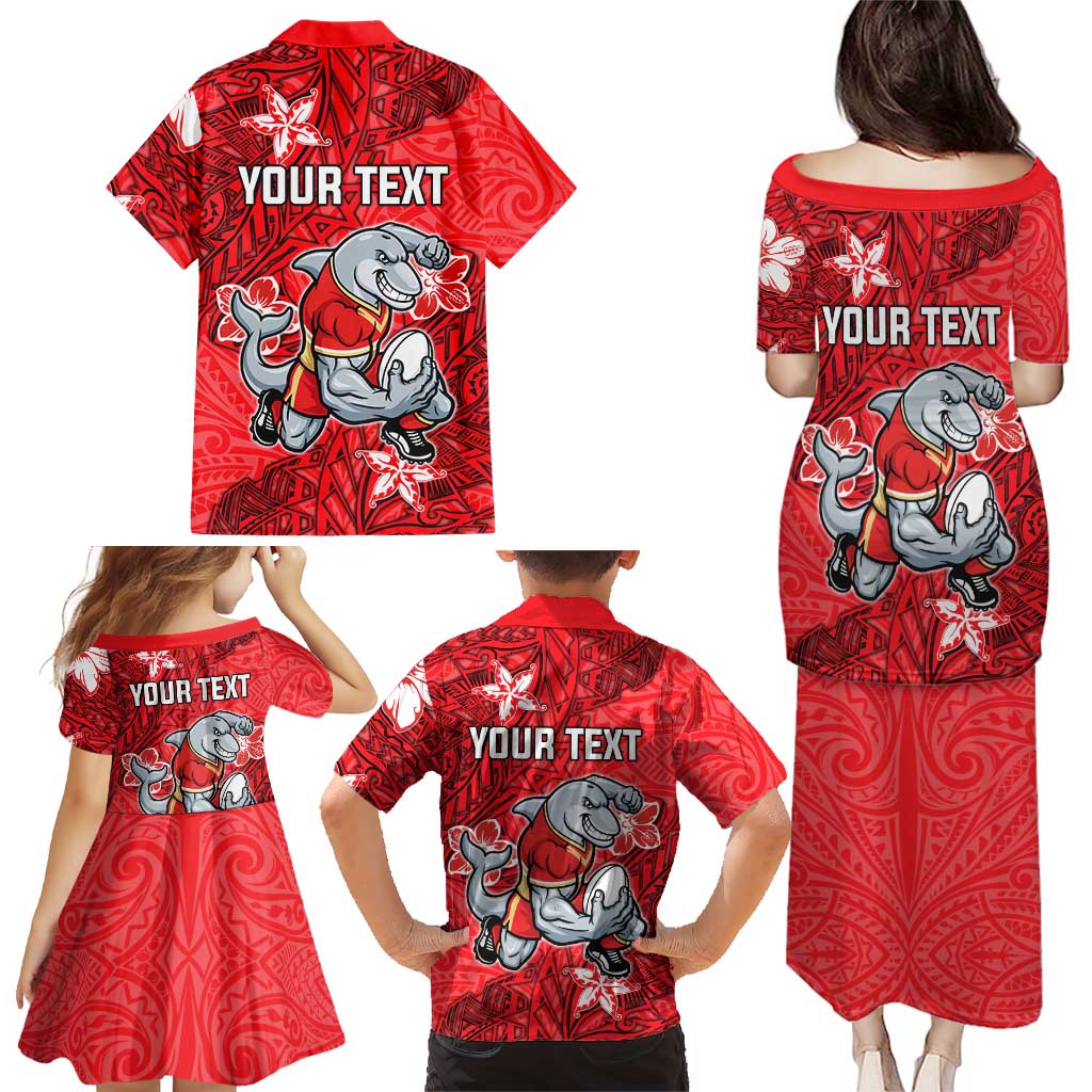 Personalised Dolphins Family Matching Puletasi and Hawaiian Shirt Polynesian Tribal Pattern With Rugby Dolphin Mascot Art