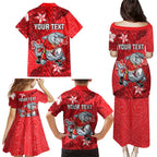 Personalised Dolphins Family Matching Puletasi and Hawaiian Shirt Polynesian Tribal Pattern With Rugby Dolphin Mascot Art