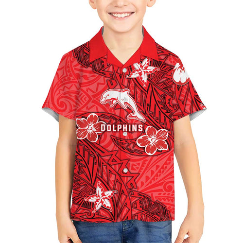 Personalised Dolphins Family Matching Puletasi and Hawaiian Shirt Polynesian Tribal Pattern With Rugby Dolphin Mascot Art