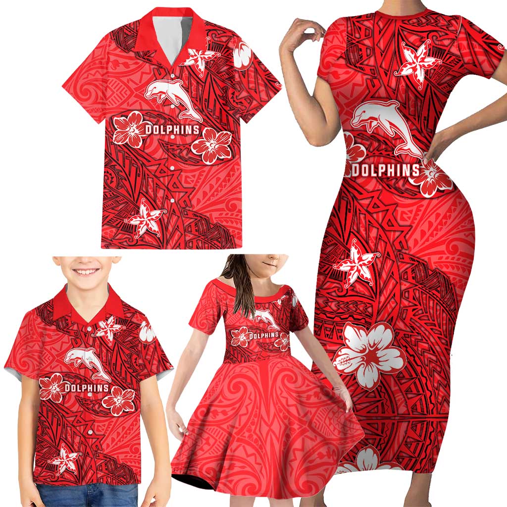 Personalised Dolphins Family Matching Short Sleeve Bodycon Dress and Hawaiian Shirt Polynesian Tribal Pattern With Rugby Dolphin Mascot Art