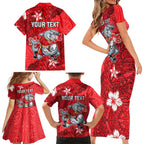 Personalised Dolphins Family Matching Short Sleeve Bodycon Dress and Hawaiian Shirt Polynesian Tribal Pattern With Rugby Dolphin Mascot Art