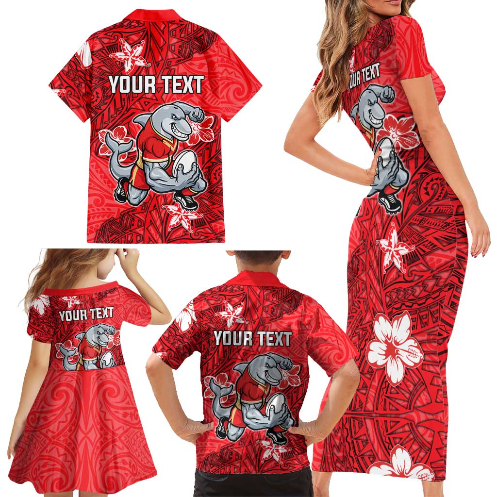 Personalised Dolphins Family Matching Short Sleeve Bodycon Dress and Hawaiian Shirt Polynesian Tribal Pattern With Rugby Dolphin Mascot Art