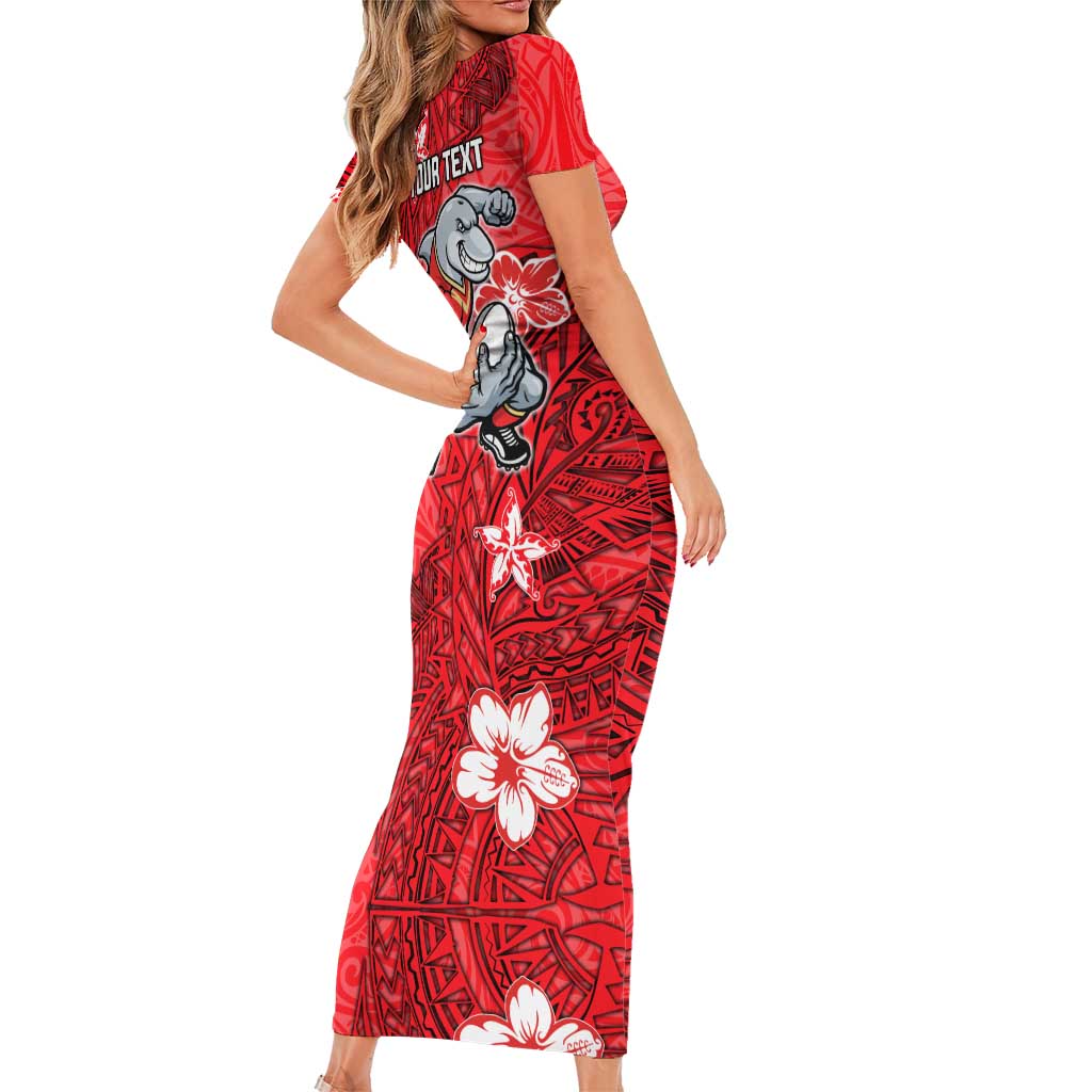 Personalised Dolphins Family Matching Short Sleeve Bodycon Dress and Hawaiian Shirt Polynesian Tribal Pattern With Rugby Dolphin Mascot Art