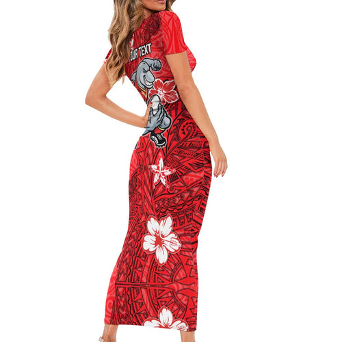 Personalised Dolphins Family Matching Short Sleeve Bodycon Dress and Hawaiian Shirt Polynesian Tribal Pattern With Rugby Dolphin Mascot Art
