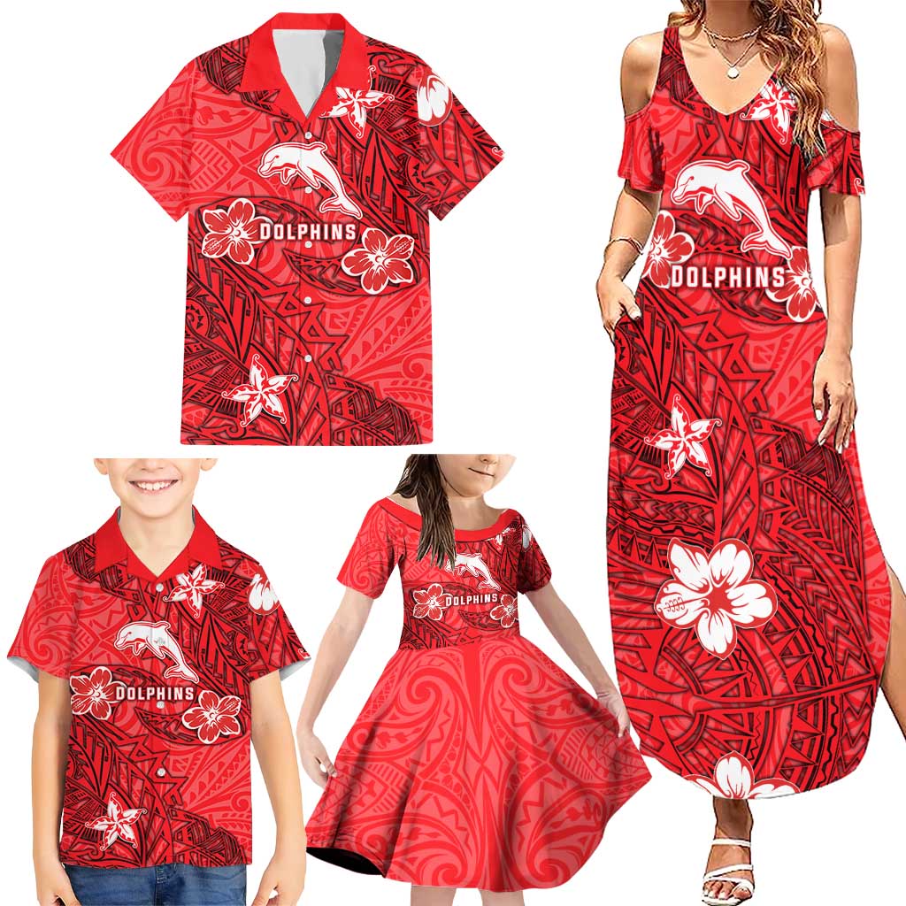 Personalised Dolphins Family Matching Summer Maxi Dress and Hawaiian Shirt Polynesian Tribal Pattern With Rugby Dolphin Mascot Art