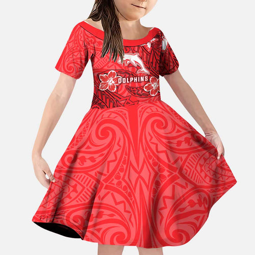 Personalised Dolphins Family Matching Summer Maxi Dress and Hawaiian Shirt Polynesian Tribal Pattern With Rugby Dolphin Mascot Art