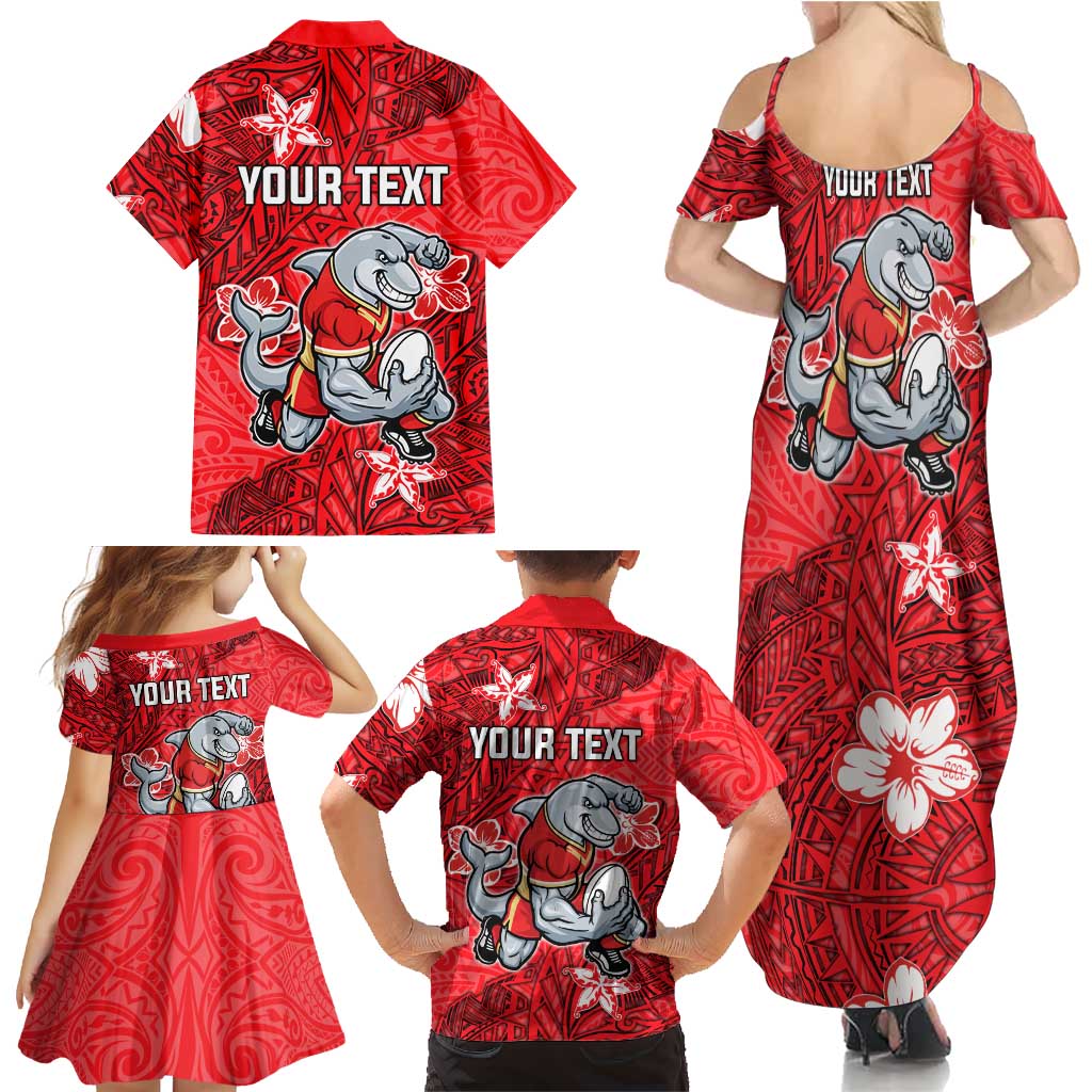 Personalised Dolphins Family Matching Summer Maxi Dress and Hawaiian Shirt Polynesian Tribal Pattern With Rugby Dolphin Mascot Art