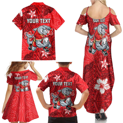 Personalised Dolphins Family Matching Summer Maxi Dress and Hawaiian Shirt Polynesian Tribal Pattern With Rugby Dolphin Mascot Art