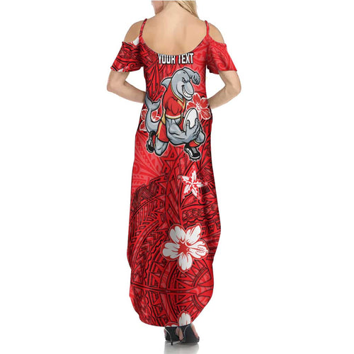 Personalised Dolphins Family Matching Summer Maxi Dress and Hawaiian Shirt Polynesian Tribal Pattern With Rugby Dolphin Mascot Art