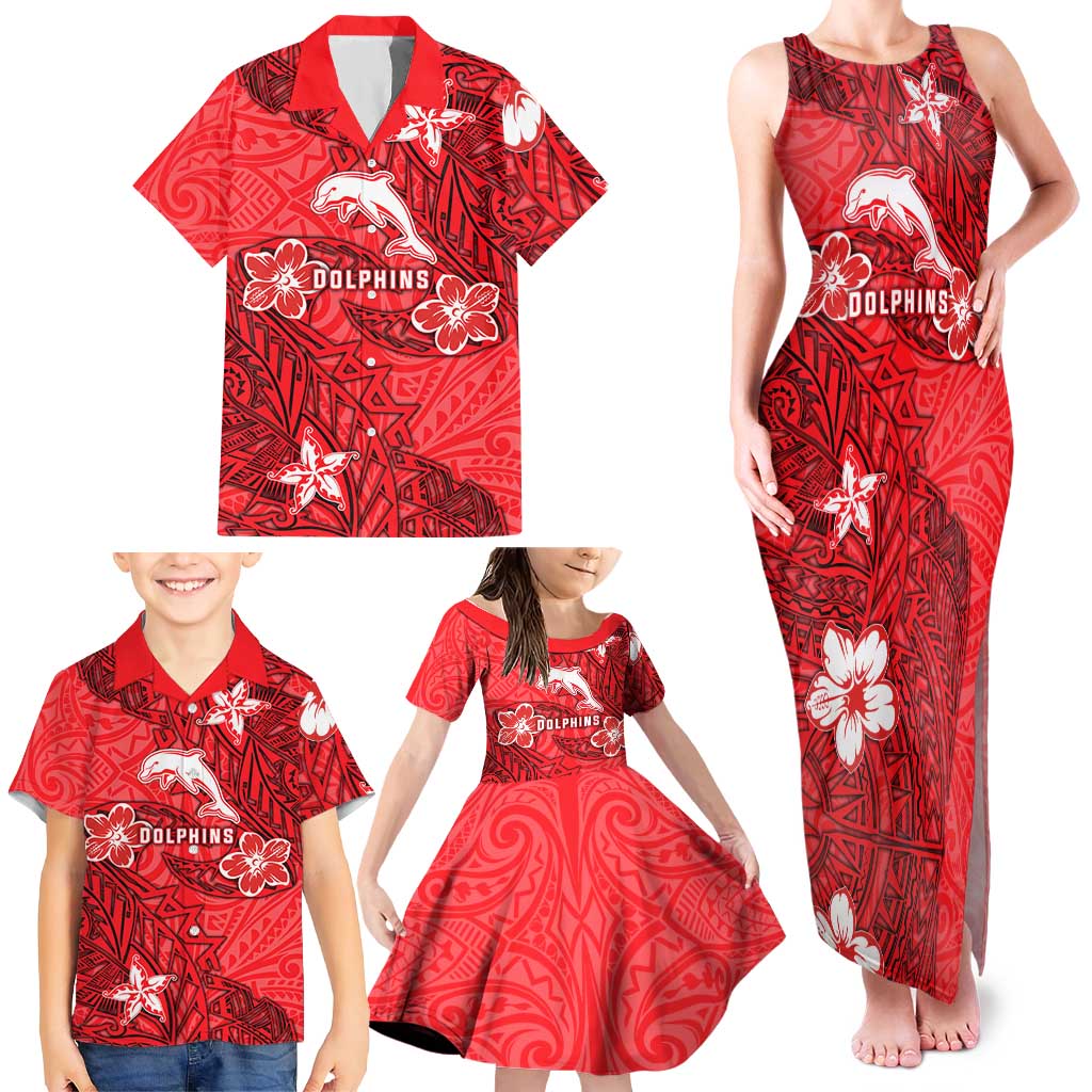 Personalised Dolphins Family Matching Tank Maxi Dress and Hawaiian Shirt Polynesian Tribal Pattern With Rugby Dolphin Mascot Art