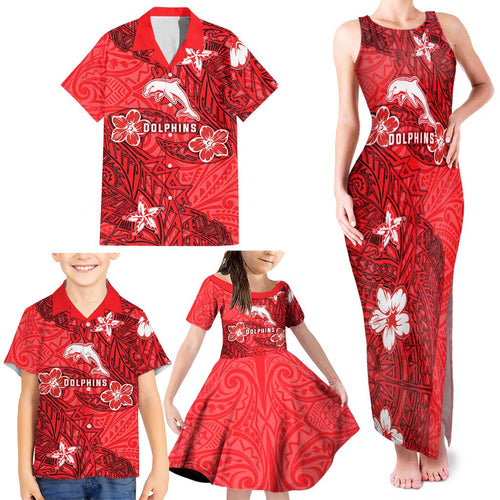 Personalised Dolphins Family Matching Tank Maxi Dress and Hawaiian Shirt Polynesian Tribal Pattern With Rugby Dolphin Mascot Art