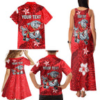 Personalised Dolphins Family Matching Tank Maxi Dress and Hawaiian Shirt Polynesian Tribal Pattern With Rugby Dolphin Mascot Art