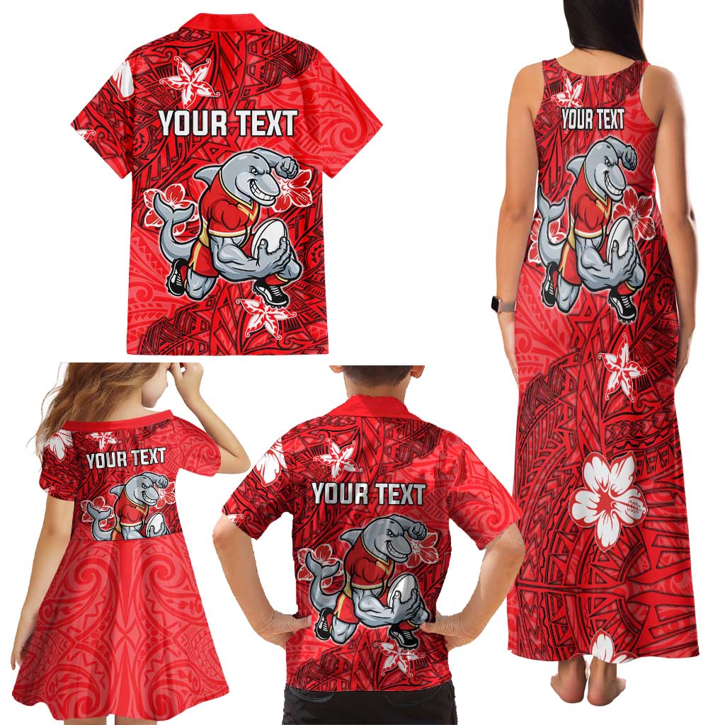 Personalised Dolphins Family Matching Tank Maxi Dress and Hawaiian Shirt Polynesian Tribal Pattern With Rugby Dolphin Mascot Art