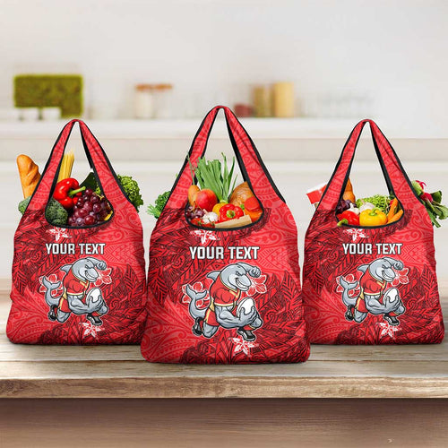 Personalised Dolphins Grocery Bag Polynesian Tribal Pattern With Rugby Dolphin Mascot Art