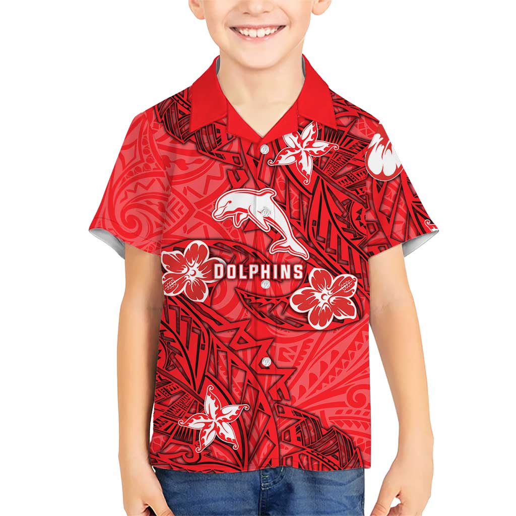 Personalised Dolphins Kid Hawaiian Shirt Polynesian Tribal Pattern With Rugby Dolphin Mascot Art