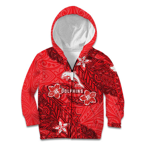 Personalised Dolphins Kid Hoodie Polynesian Tribal Pattern With Rugby Dolphin Mascot Art