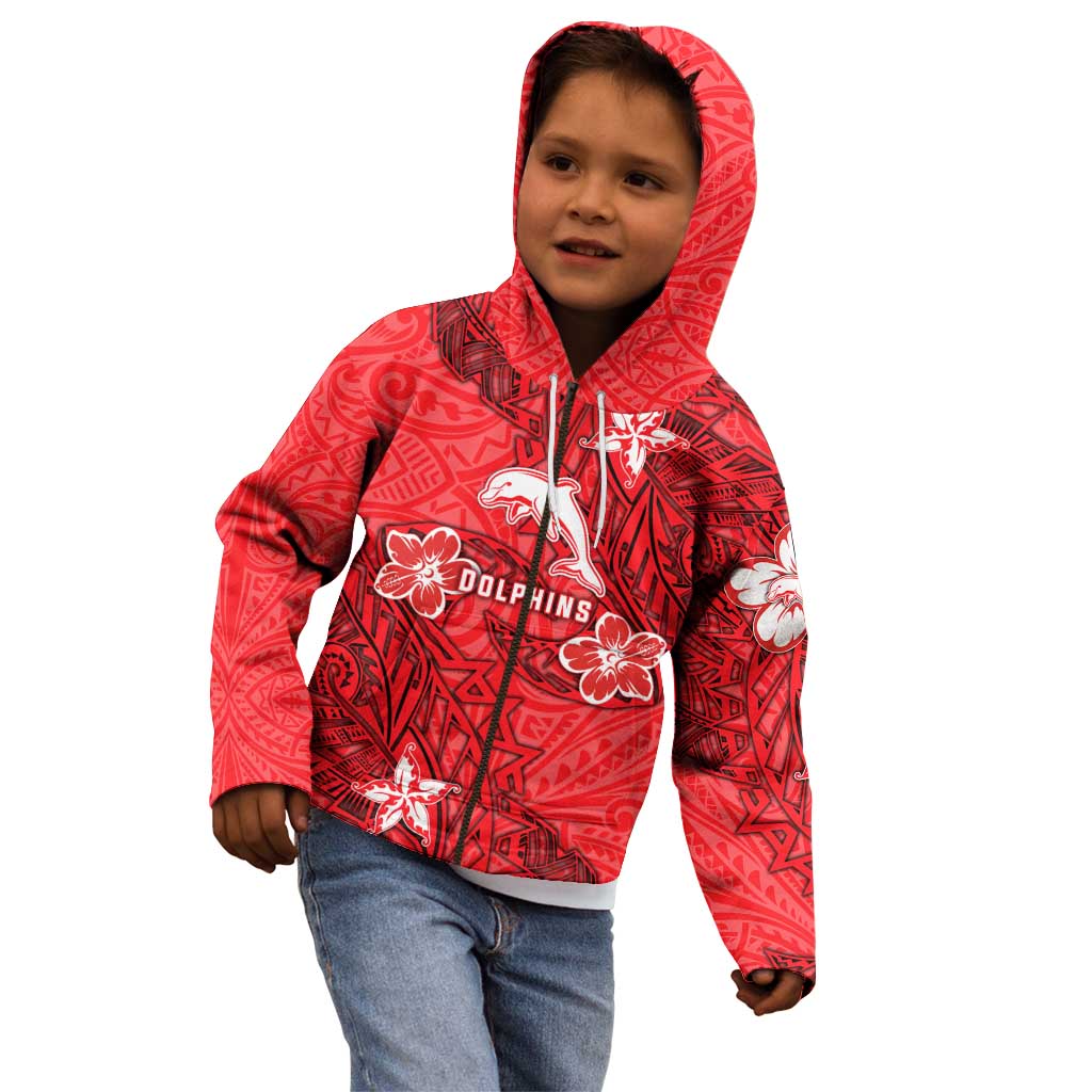 Personalised Dolphins Kid Hoodie Polynesian Tribal Pattern With Rugby Dolphin Mascot Art