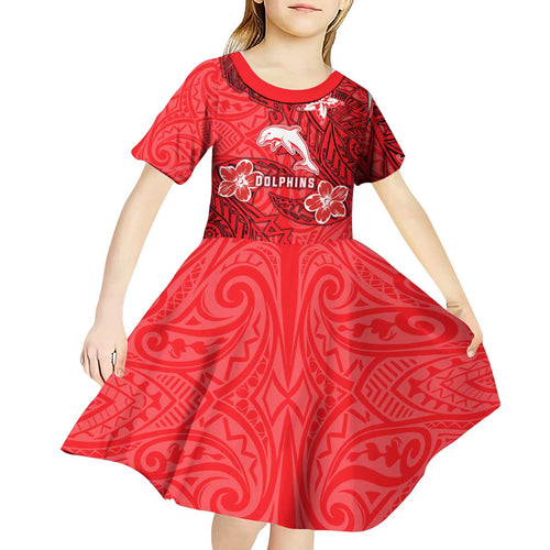 Personalised Dolphins Kid Short Sleeve Dress Polynesian Tribal Pattern With Rugby Dolphin Mascot Art