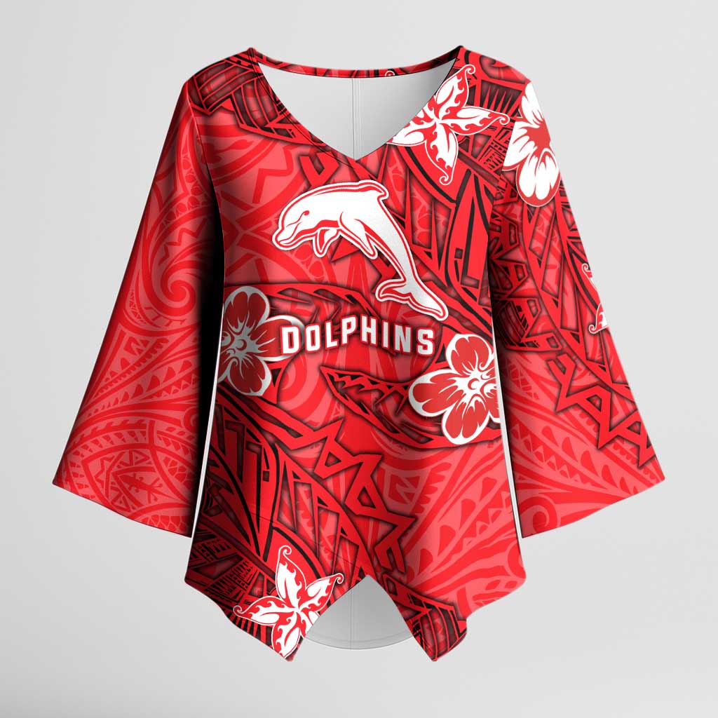 Personalised Dolphins Kimono Sleeve Blouse Polynesian Tribal Pattern With Rugby Dolphin Mascot Art