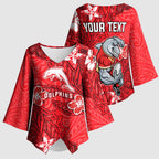 Personalised Dolphins Kimono Sleeve Blouse Polynesian Tribal Pattern With Rugby Dolphin Mascot Art