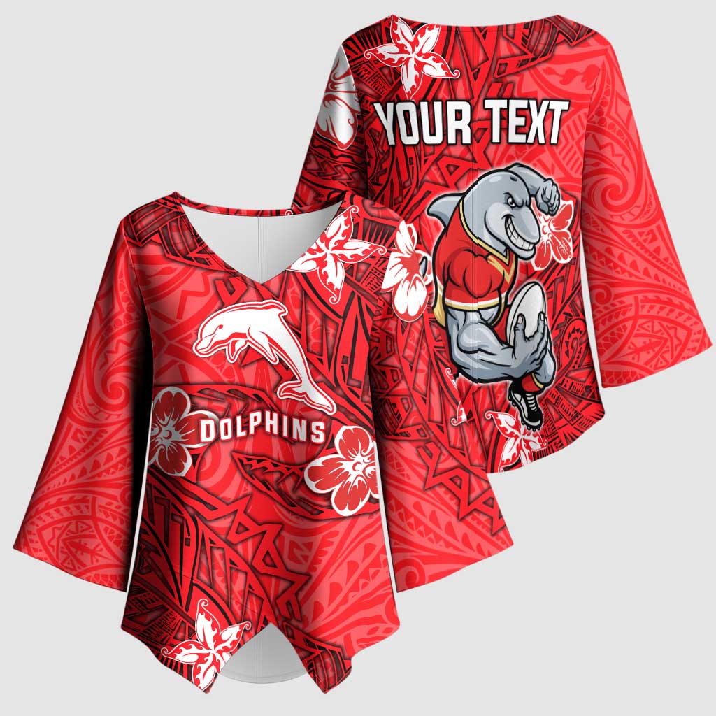 Personalised Dolphins Kimono Sleeve Blouse Polynesian Tribal Pattern With Rugby Dolphin Mascot Art
