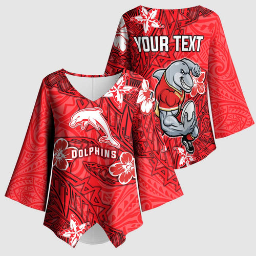 Personalised Dolphins Kimono Sleeve Blouse Polynesian Tribal Pattern With Rugby Dolphin Mascot Art