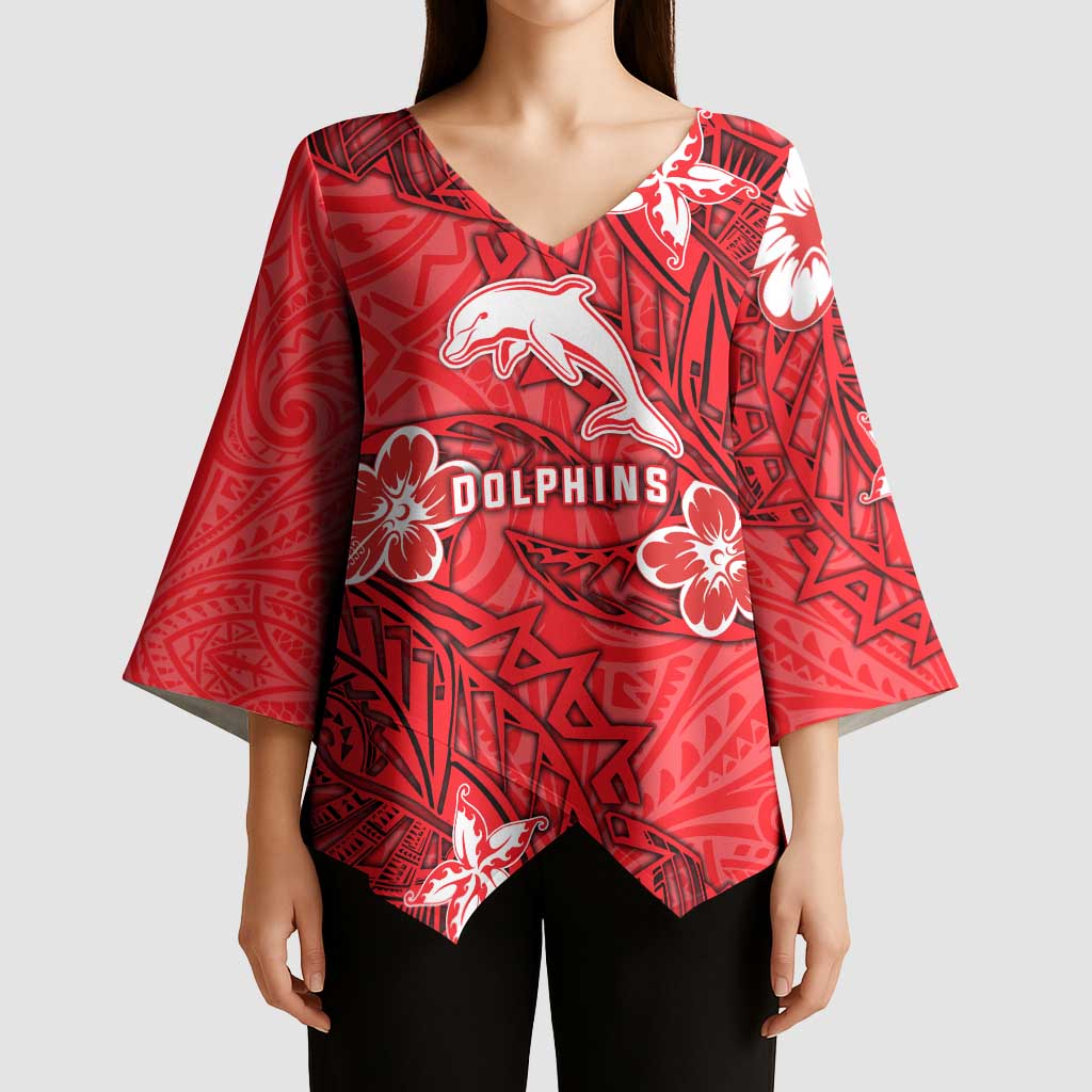 Personalised Dolphins Kimono Sleeve Blouse Polynesian Tribal Pattern With Rugby Dolphin Mascot Art