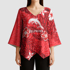 Personalised Dolphins Kimono Sleeve Blouse Polynesian Tribal Pattern With Rugby Dolphin Mascot Art