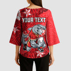 Personalised Dolphins Kimono Sleeve Blouse Polynesian Tribal Pattern With Rugby Dolphin Mascot Art