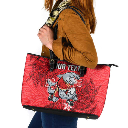 Personalised Dolphins Leather Tote Bag Polynesian Tribal Pattern With Rugby Dolphin Mascot Art