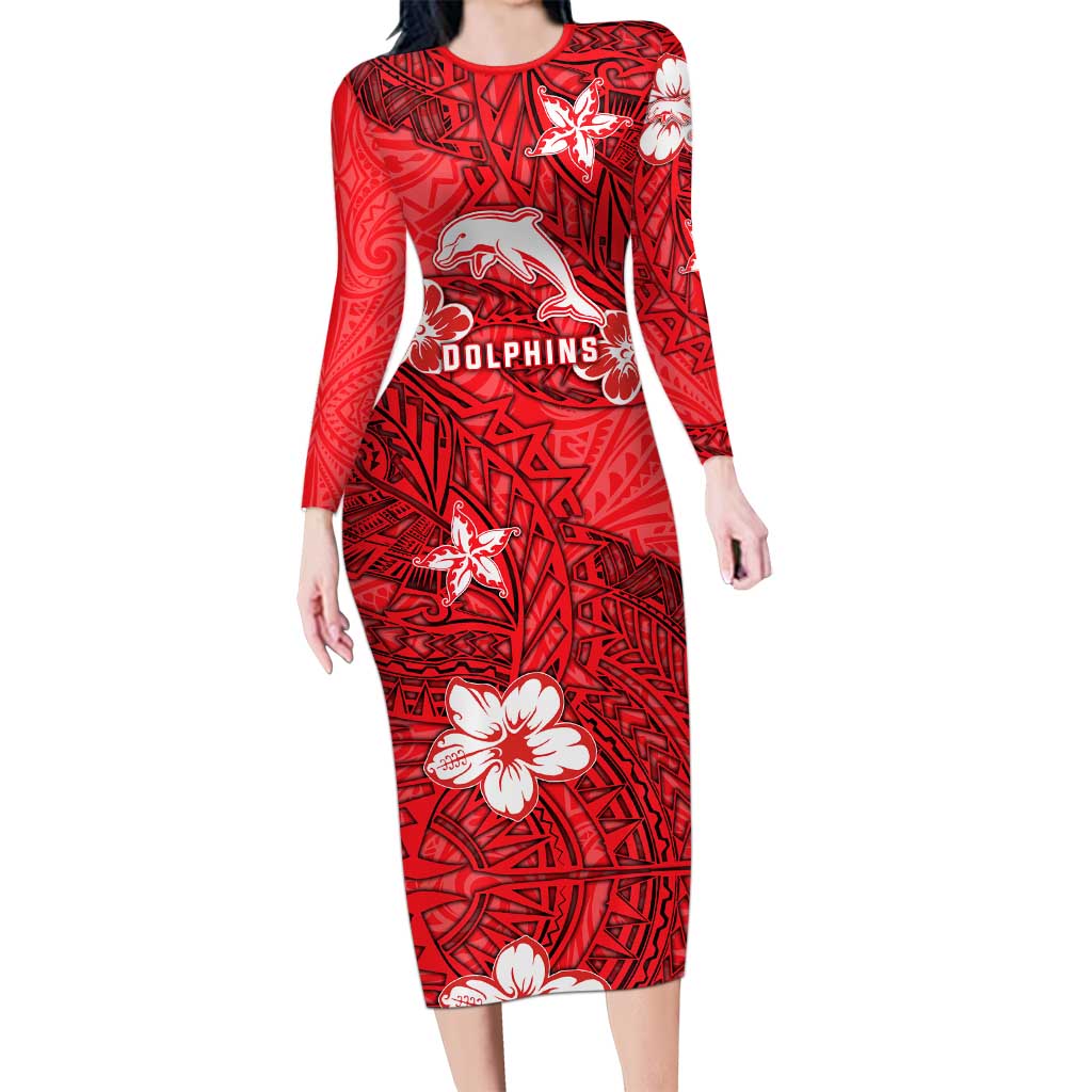 Personalised Dolphins Long Sleeve Bodycon Dress Polynesian Tribal Pattern With Rugby Dolphin Mascot Art