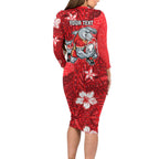 Personalised Dolphins Long Sleeve Bodycon Dress Polynesian Tribal Pattern With Rugby Dolphin Mascot Art
