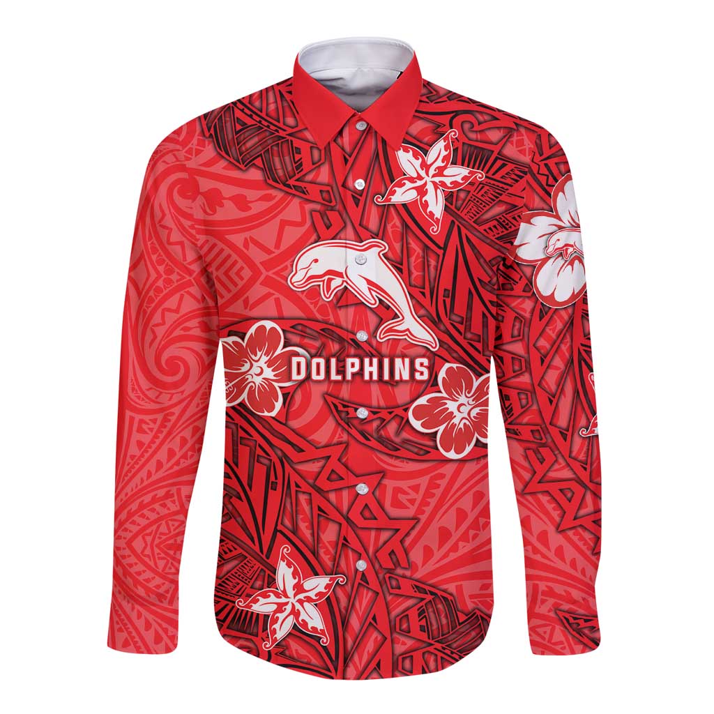 Personalised Dolphins Long Sleeve Button Shirt Polynesian Tribal Pattern With Rugby Dolphin Mascot Art