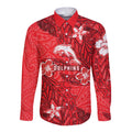 Personalised Dolphins Long Sleeve Button Shirt Polynesian Tribal Pattern With Rugby Dolphin Mascot Art