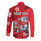 Personalised Dolphins Long Sleeve Button Shirt Polynesian Tribal Pattern With Rugby Dolphin Mascot Art