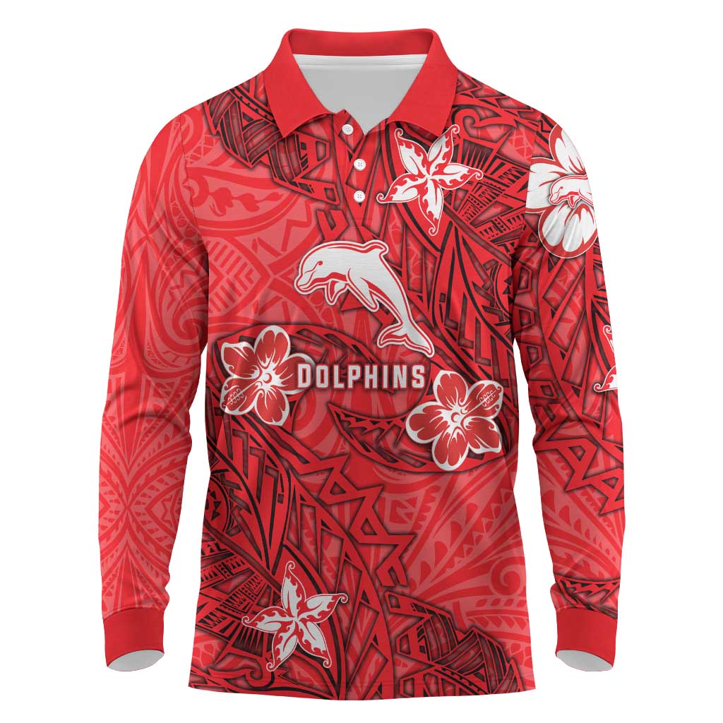 Personalised Dolphins Long Sleeve Polo Shirt Polynesian Tribal Pattern With Rugby Dolphin Mascot Art
