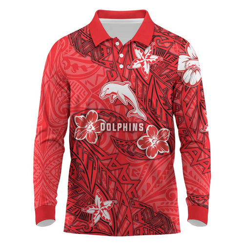 Personalised Dolphins Long Sleeve Polo Shirt Polynesian Tribal Pattern With Rugby Dolphin Mascot Art