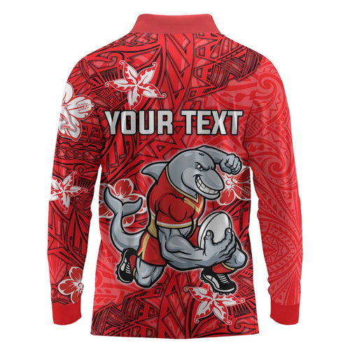 Personalised Dolphins Long Sleeve Polo Shirt Polynesian Tribal Pattern With Rugby Dolphin Mascot Art