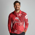 Personalised Dolphins Long Sleeve Polo Shirt Polynesian Tribal Pattern With Rugby Dolphin Mascot Art