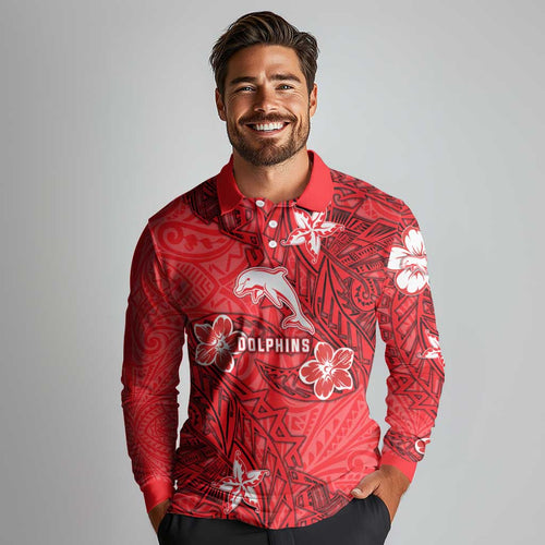 Personalised Dolphins Long Sleeve Polo Shirt Polynesian Tribal Pattern With Rugby Dolphin Mascot Art