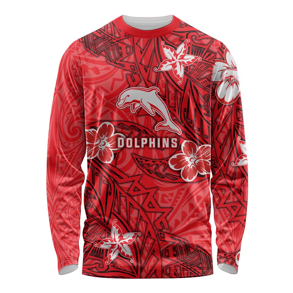 Personalised Dolphins Long Sleeve Shirt Polynesian Tribal Pattern With Rugby Dolphin Mascot Art