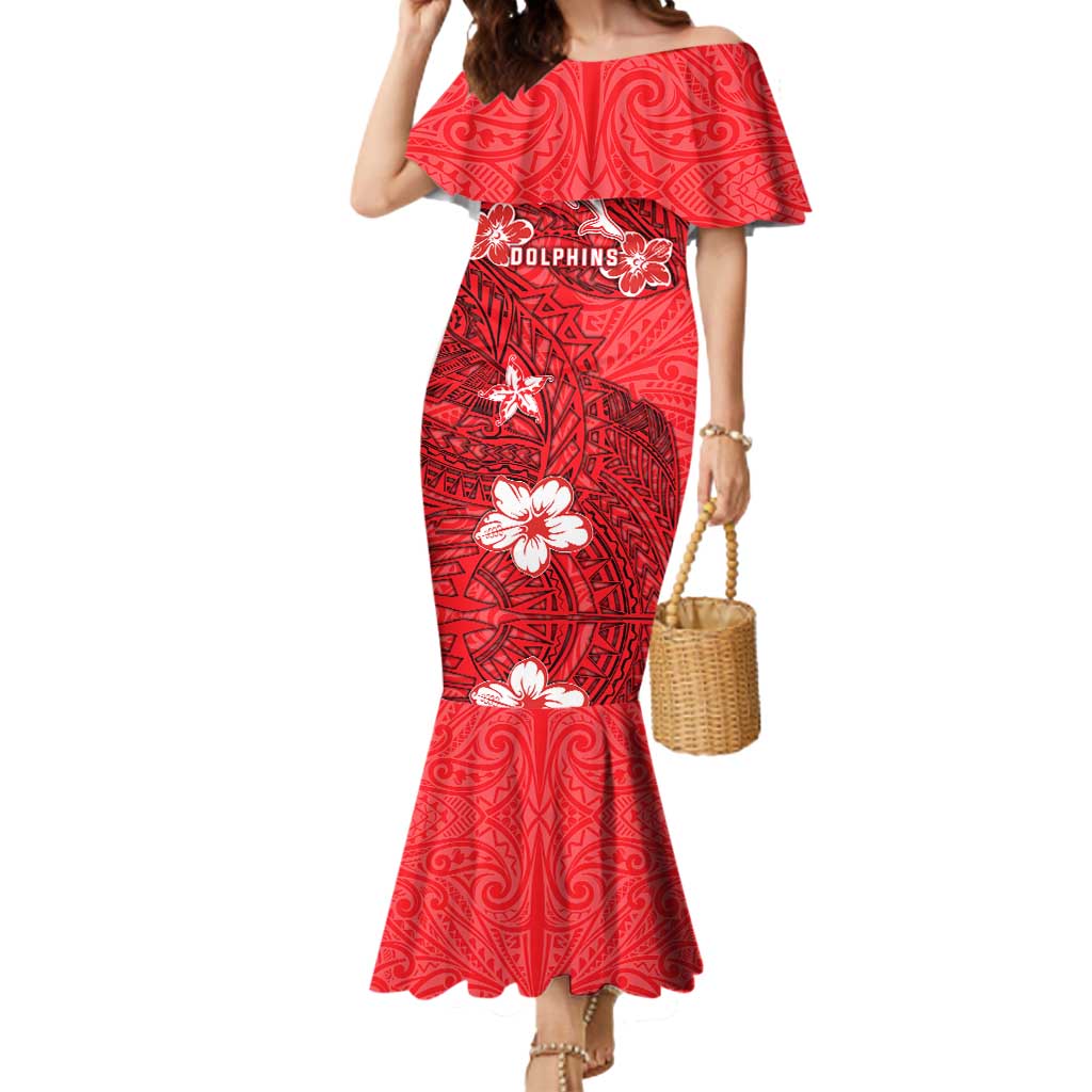 Personalised Dolphins Mermaid Dress Polynesian Tribal Pattern With Rugby Dolphin Mascot Art