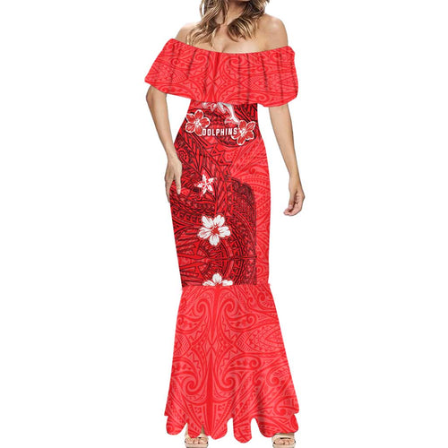 Personalised Dolphins Mermaid Dress Polynesian Tribal Pattern With Rugby Dolphin Mascot Art