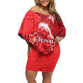 Personalised Dolphins Off Shoulder Short Dress Polynesian Tribal Pattern With Rugby Dolphin Mascot Art