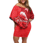 Personalised Dolphins Off Shoulder Short Dress Polynesian Tribal Pattern With Rugby Dolphin Mascot Art