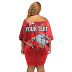 Personalised Dolphins Off Shoulder Short Dress Polynesian Tribal Pattern With Rugby Dolphin Mascot Art