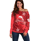 Personalised Dolphins Off Shoulder Sweater Polynesian Tribal Pattern With Rugby Dolphin Mascot Art